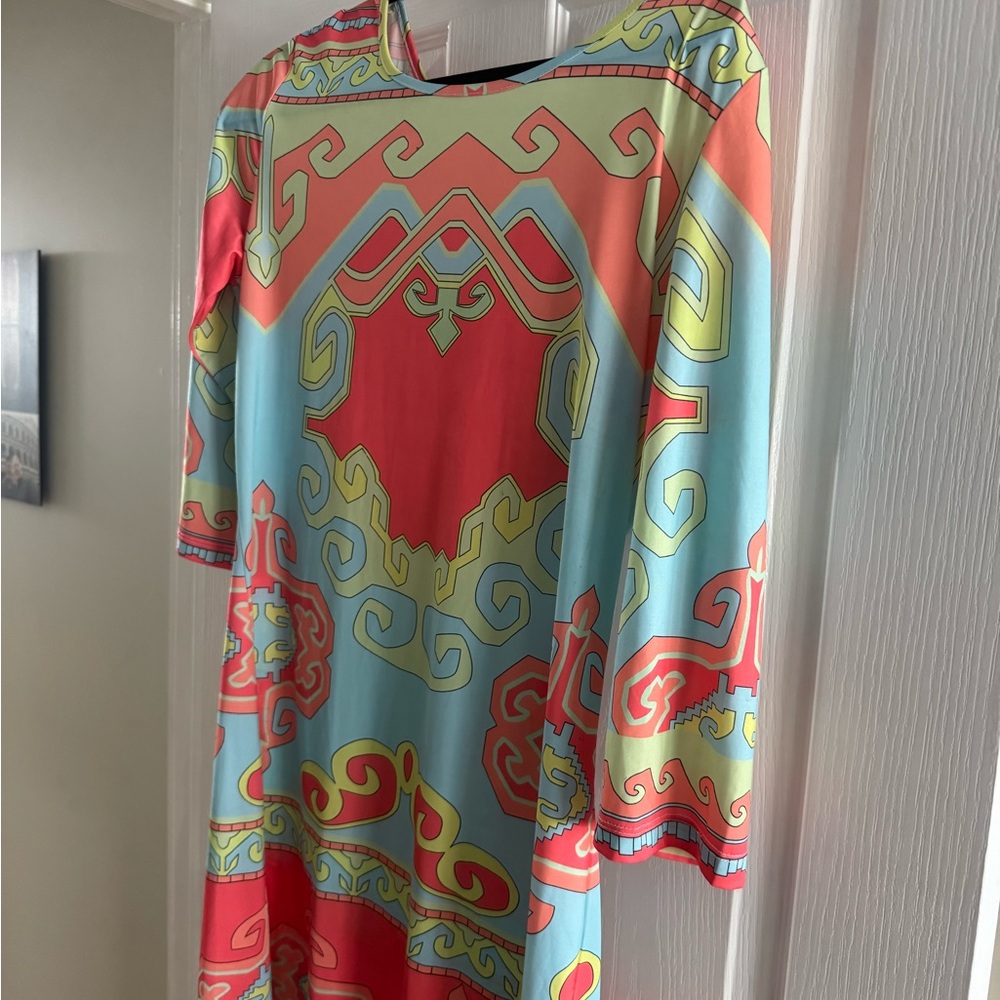 Light Blue and Coral Printed Long-Sleeve Shift Dress